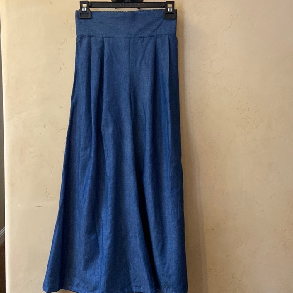 NWT Sz XS Brand Soft Chambray Denim Palazzo Pant Pleated Front Elastic Waist - Picture 2 of 7